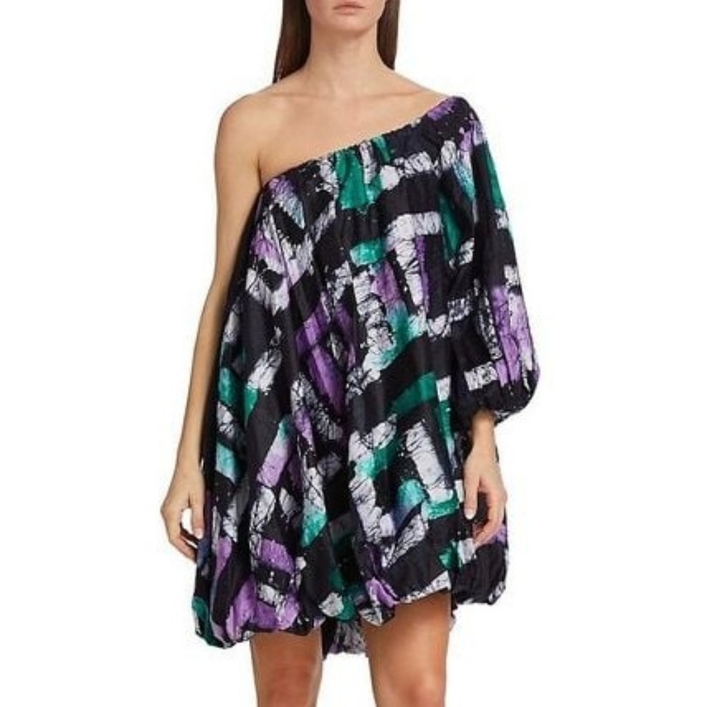 Busayo Collective Black Purple Blue Tie Dye One-Shoulder Adufe Dress XS NWT